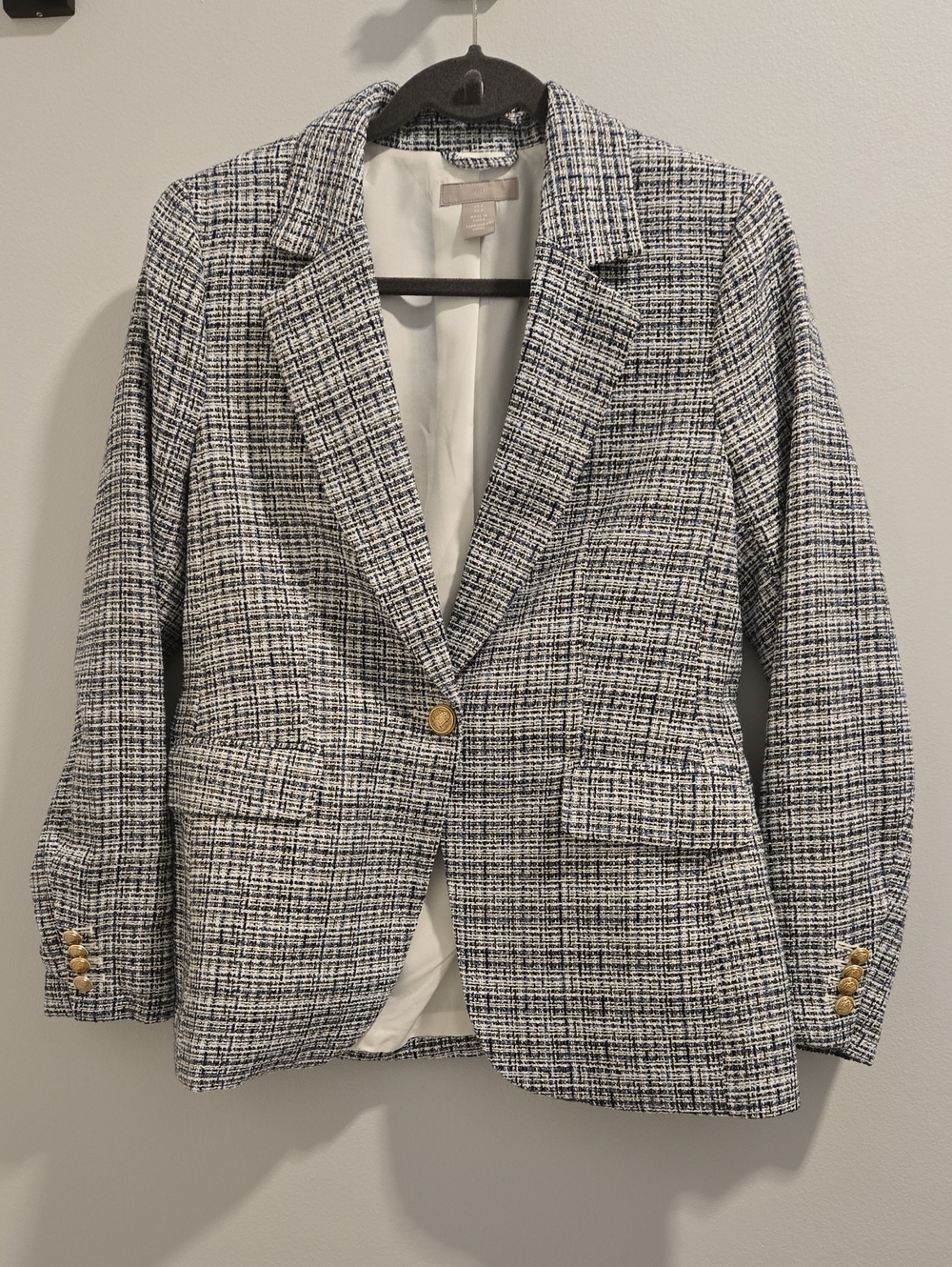 H&M Black and White And Blue Tweed Single-Button Blazer